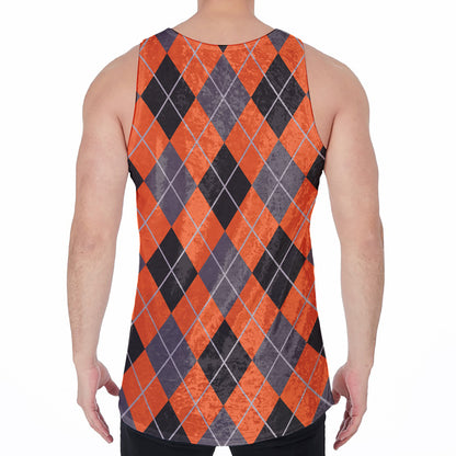 Orange And Grey Halloween Argyle Print Men's Velvet Tank Top