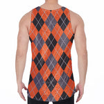 Orange And Grey Halloween Argyle Print Men's Velvet Tank Top