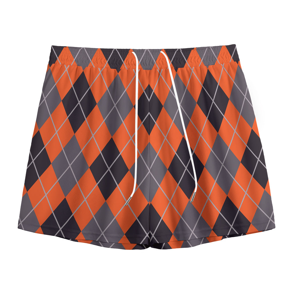 Orange And Grey Halloween Argyle Print Mesh Shorts