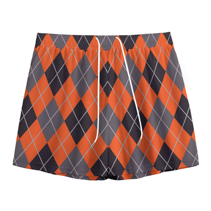 Orange And Grey Halloween Argyle Print Mesh Shorts
