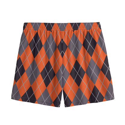 Orange And Grey Halloween Argyle Print Mesh Shorts