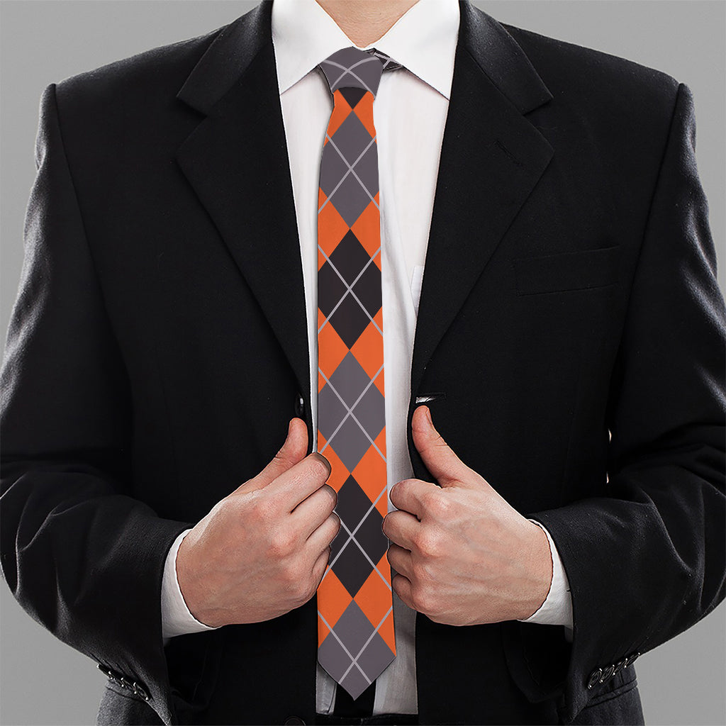 Orange And Grey Halloween Argyle Print Necktie
