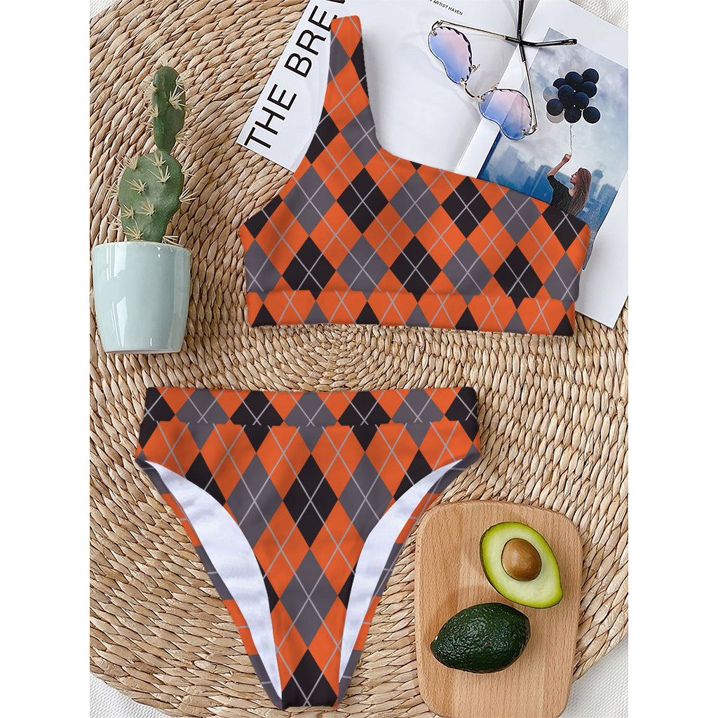 Orange And Grey Halloween Argyle Print One Shoulder Bikini Top