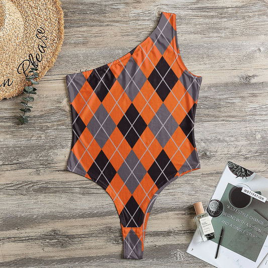 Orange And Grey Halloween Argyle Print One Shoulder Bodysuit
