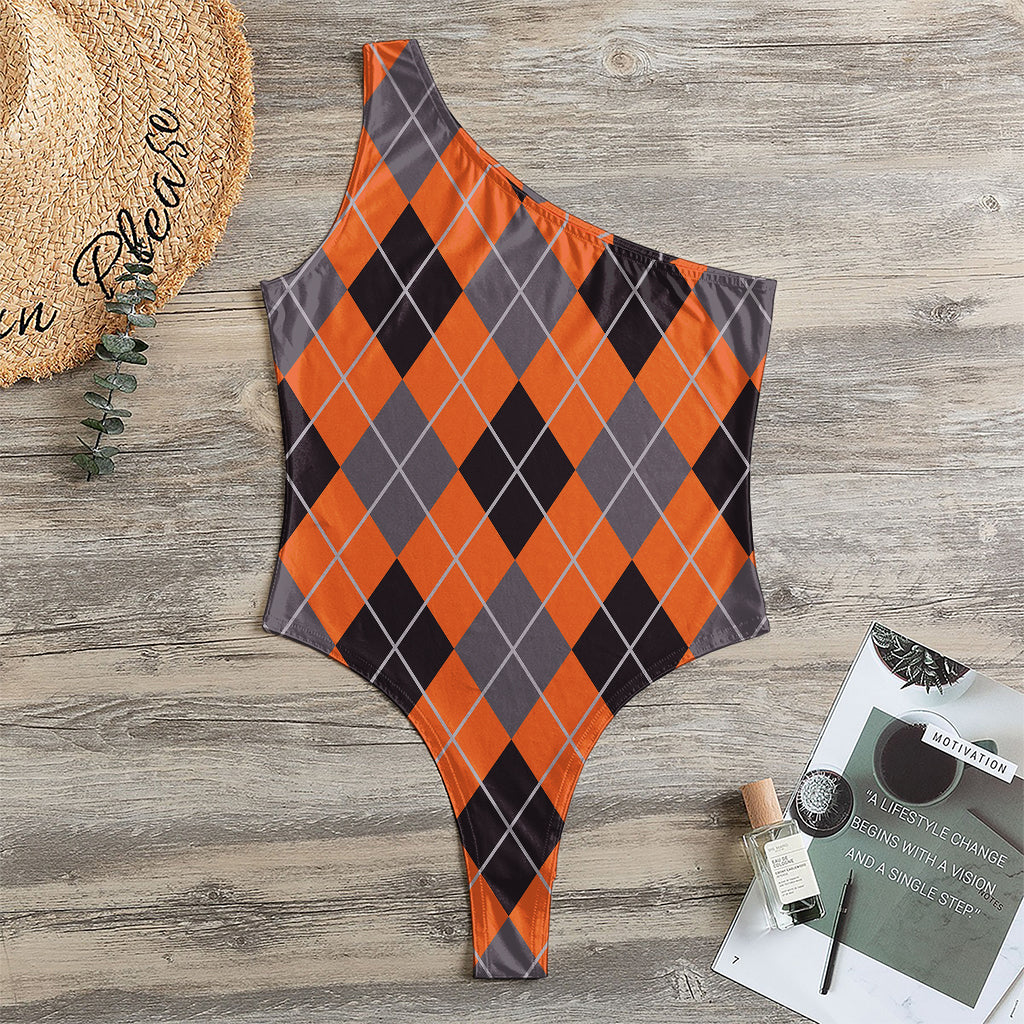 Orange And Grey Halloween Argyle Print One Shoulder Bodysuit