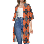 Orange And Grey Halloween Argyle Print Open Front Beach Cover Up