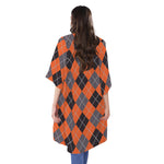 Orange And Grey Halloween Argyle Print Open Front Beach Cover Up