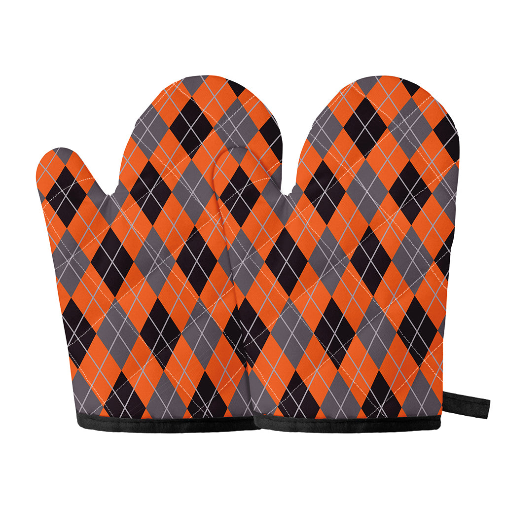 Orange And Grey Halloween Argyle Print Oven Mitts