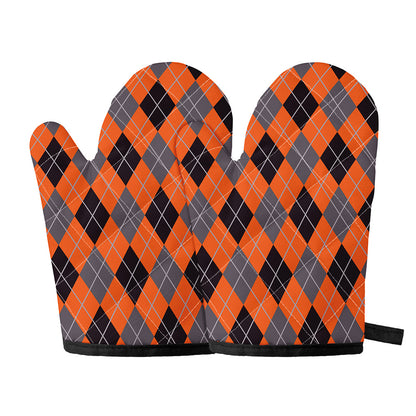 Orange And Grey Halloween Argyle Print Oven Mitts