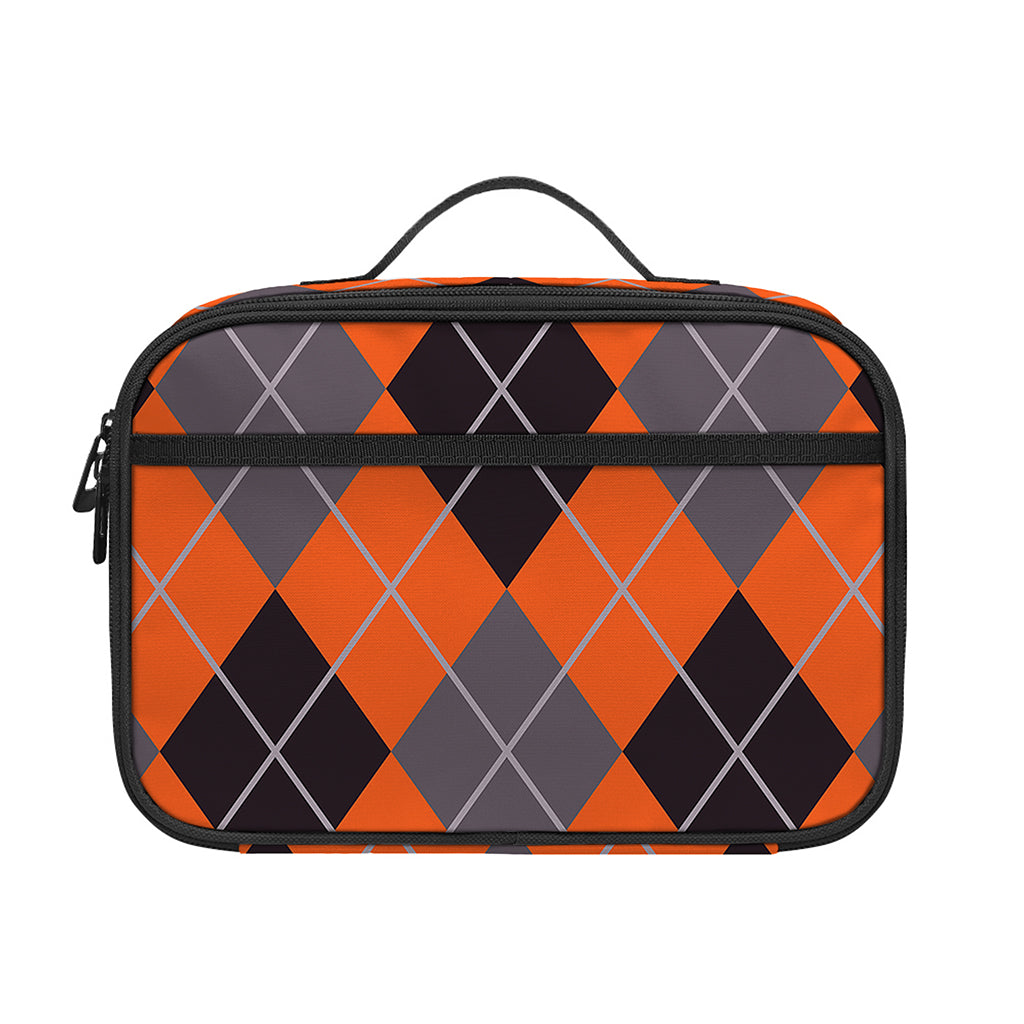 Orange And Grey Halloween Argyle Print Portable Lunch Bag