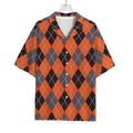 Orange And Grey Halloween Argyle Print Rayon Hawaiian Shirt