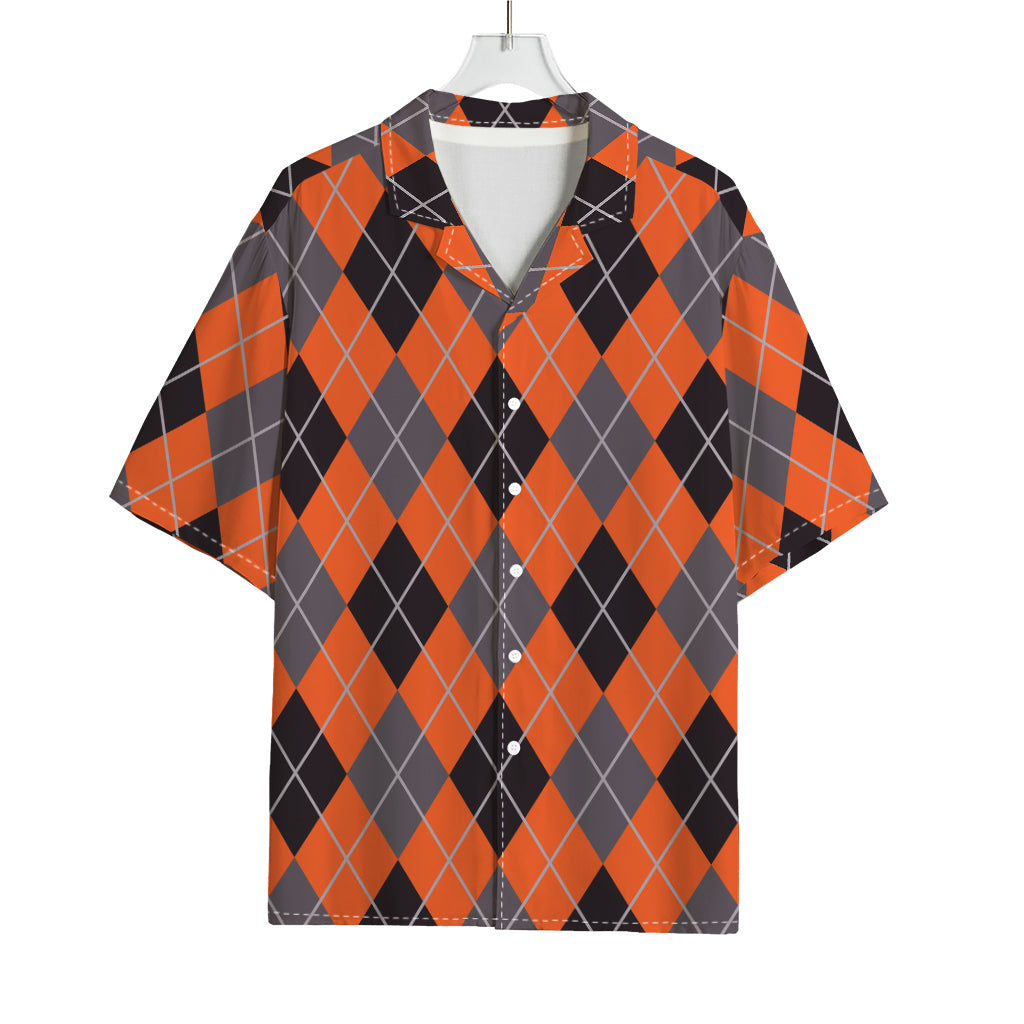 Orange And Grey Halloween Argyle Print Rayon Hawaiian Shirt