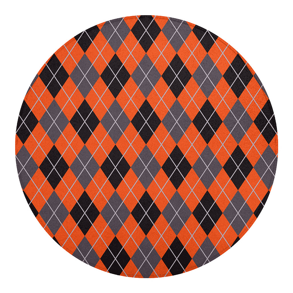 Orange And Grey Halloween Argyle Print Round Blanket
