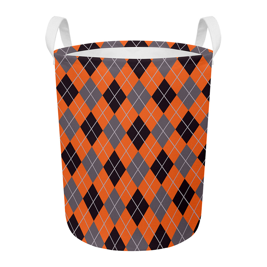 Orange And Grey Halloween Argyle Print Round Laundry Basket