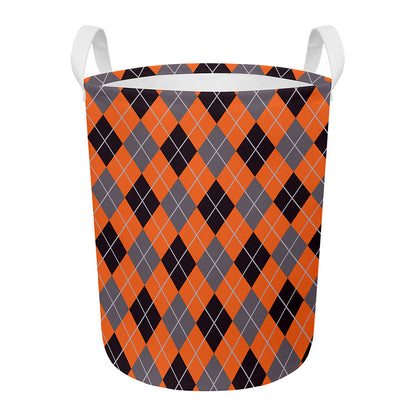 Orange And Grey Halloween Argyle Print Round Laundry Basket