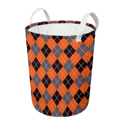 Orange And Grey Halloween Argyle Print Round Laundry Basket