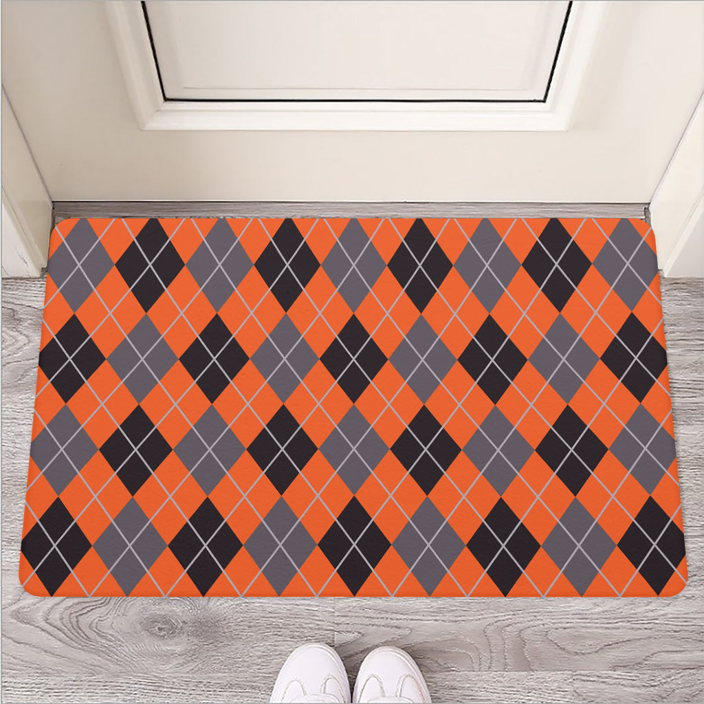 Orange And Grey Halloween Argyle Print Rubber Doormat
