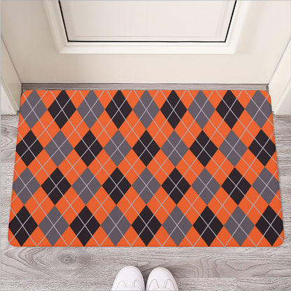 Orange And Grey Halloween Argyle Print Rubber Doormat