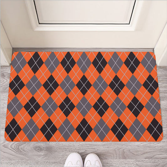 Orange And Grey Halloween Argyle Print Rubber Doormat
