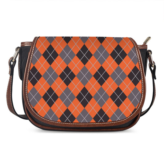 Orange And Grey Halloween Argyle Print Saddle Bag