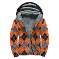 Orange And Grey Halloween Argyle Print Sherpa Lined Zip Up Hoodie