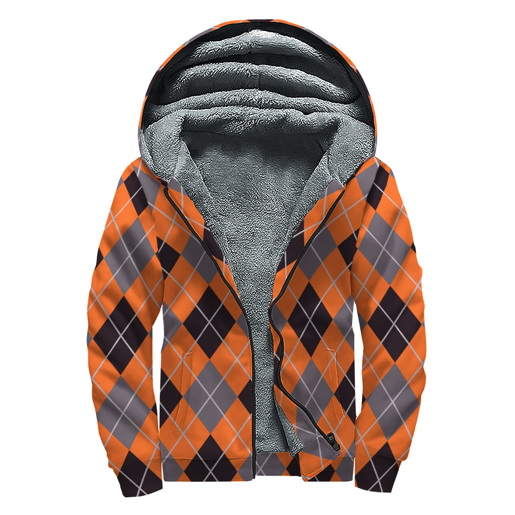 Orange And Grey Halloween Argyle Print Sherpa Lined Zip Up Hoodie