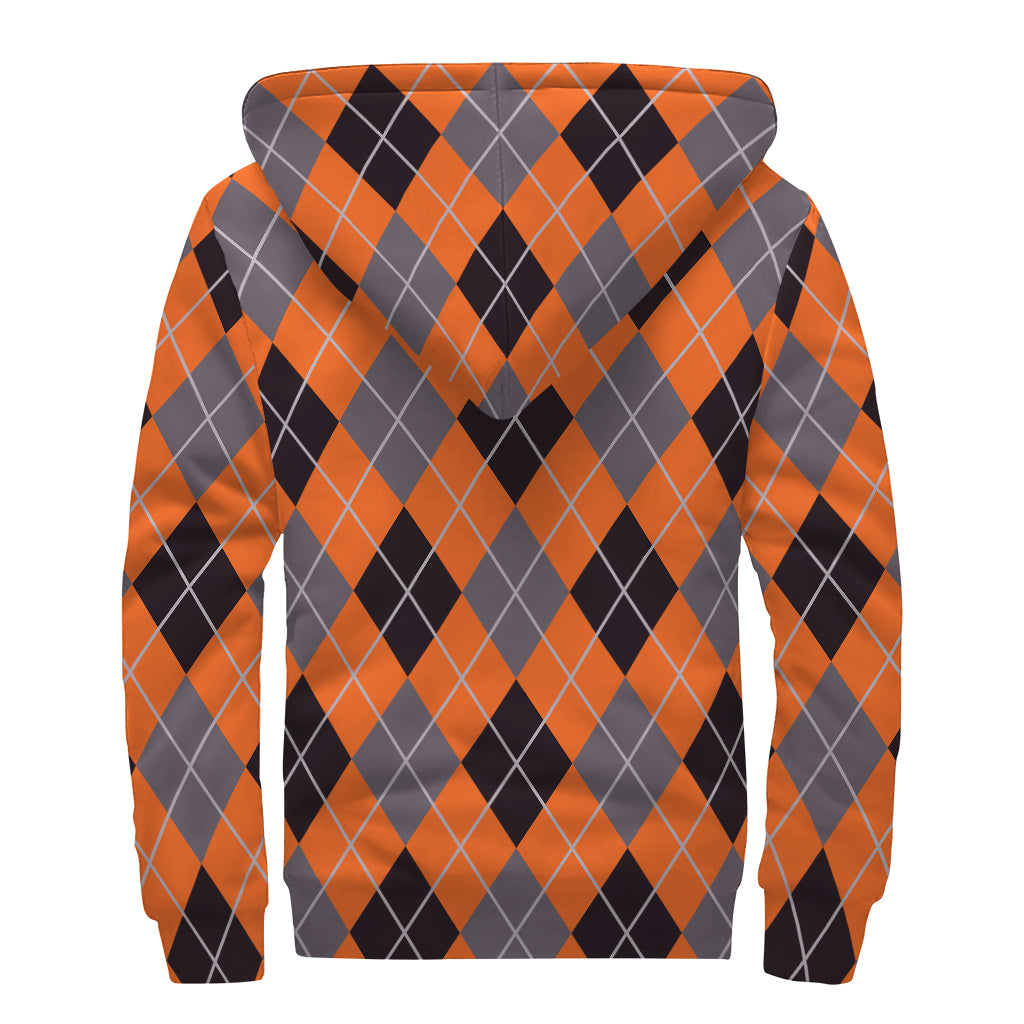Orange And Grey Halloween Argyle Print Sherpa Lined Zip Up Hoodie