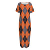 Orange And Grey Halloween Argyle Print Short Sleeve Long Nightdress