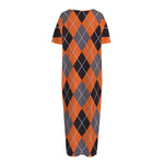 Orange And Grey Halloween Argyle Print Short Sleeve Long Nightdress