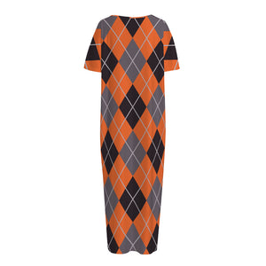 Orange And Grey Halloween Argyle Print Short Sleeve Long Nightdress