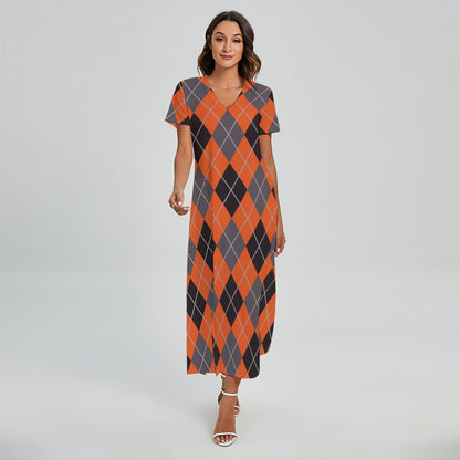 Orange And Grey Halloween Argyle Print Short Sleeve Maxi Dress
