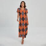 Orange And Grey Halloween Argyle Print Short Sleeve Maxi Dress