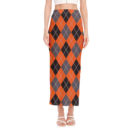 Orange And Grey Halloween Argyle Print Side Slit Maxi Skirt