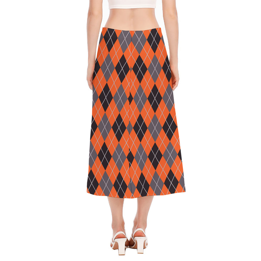 Orange And Grey Halloween Argyle Print Side Slit Midi Skirt