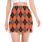 Orange And Grey Halloween Argyle Print Side Slit Mini Skirt