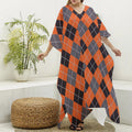 Orange And Grey Halloween Argyle Print Silk V-Neck Kaftan Dress