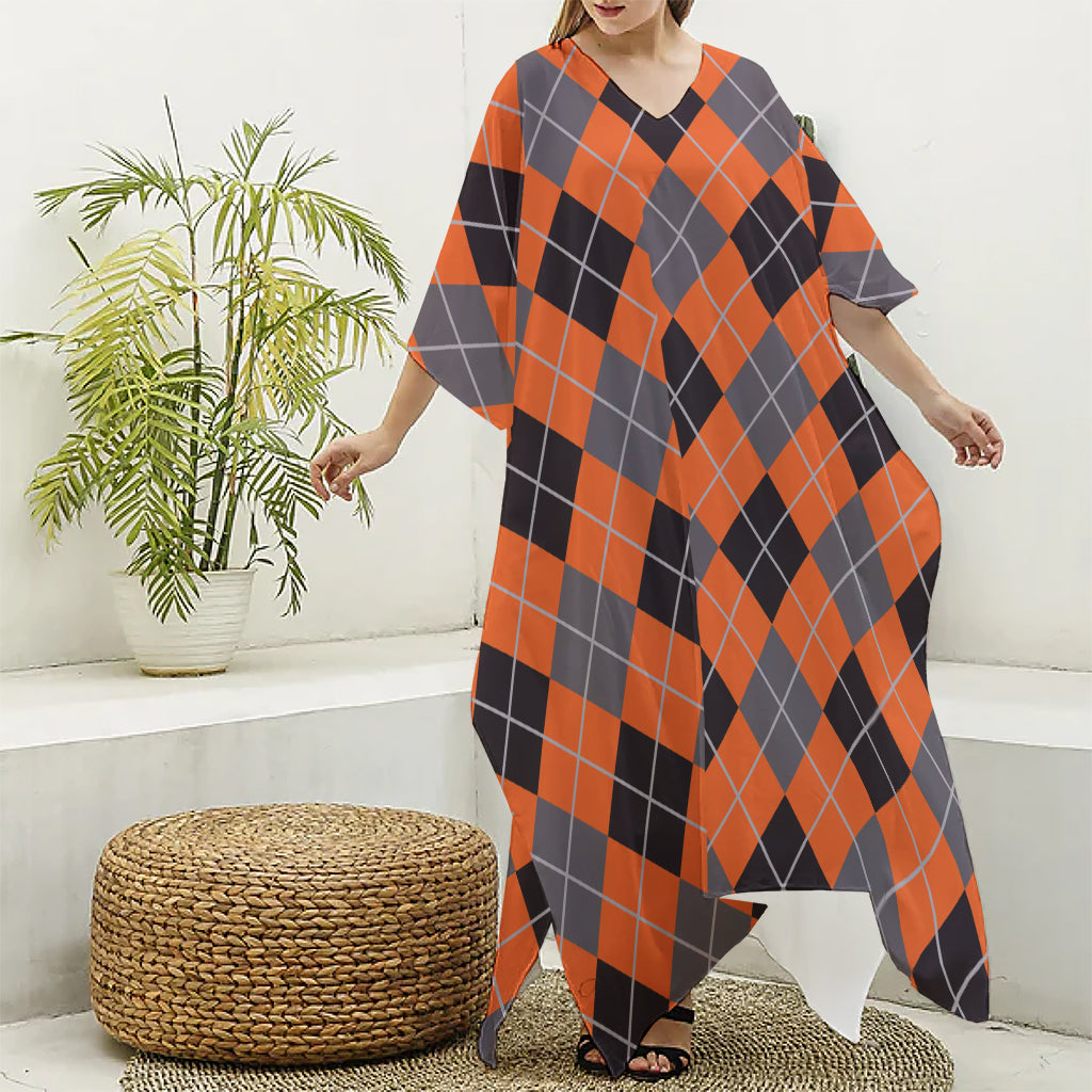 Orange And Grey Halloween Argyle Print Silk V-Neck Kaftan Dress