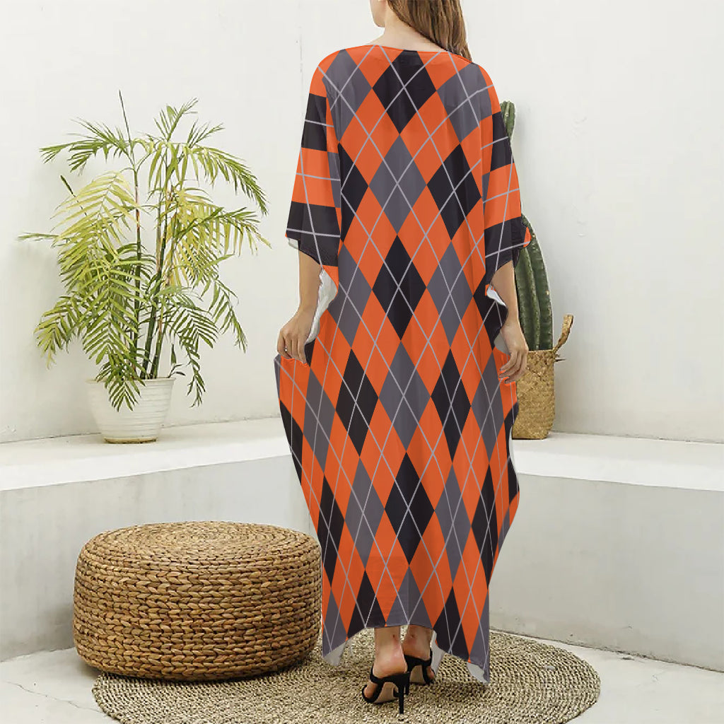 Orange And Grey Halloween Argyle Print Silk V-Neck Kaftan Dress