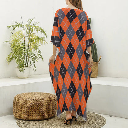 Orange And Grey Halloween Argyle Print Silk V-Neck Kaftan Dress