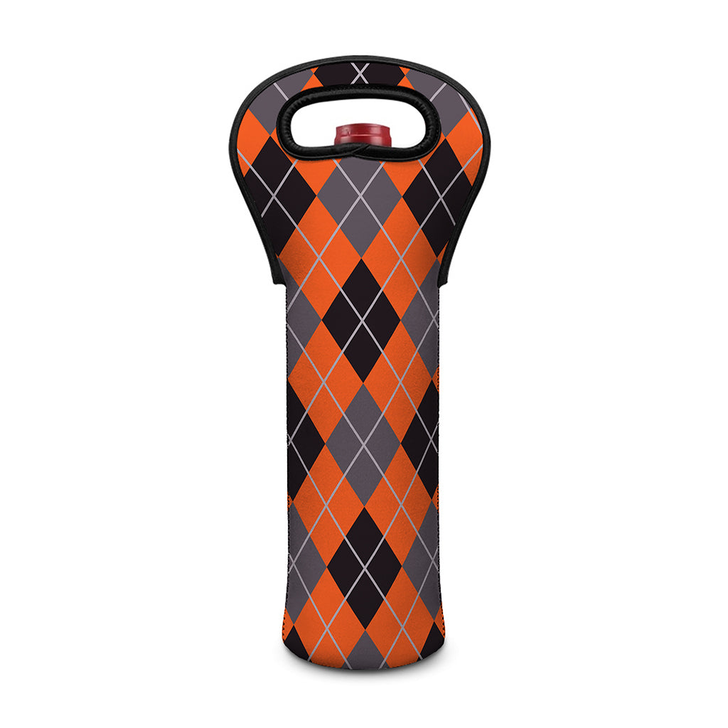 Orange And Grey Halloween Argyle Print Single Neoprene Wine Tote
