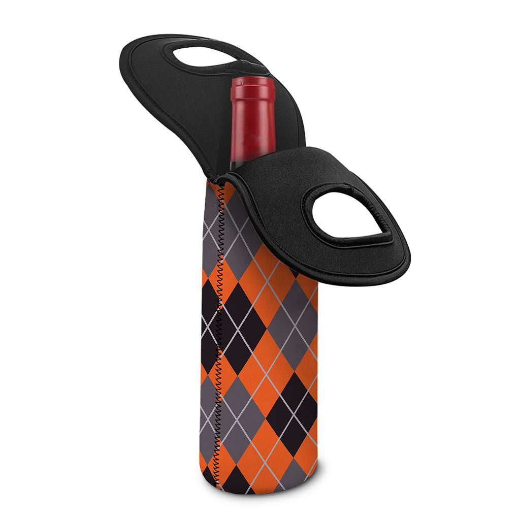 Orange And Grey Halloween Argyle Print Single Neoprene Wine Tote