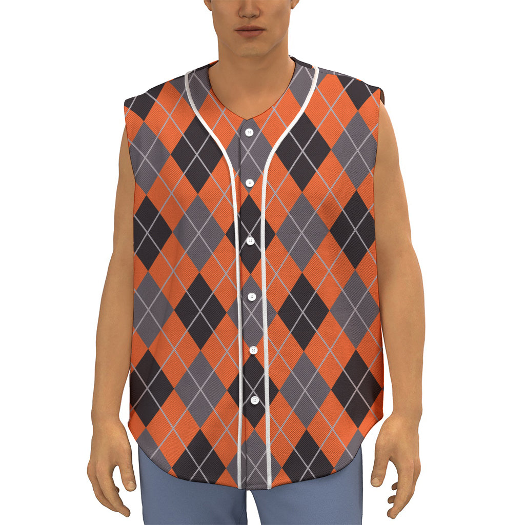 Orange And Grey Halloween Argyle Print Sleeveless Baseball Jersey