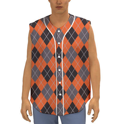 Orange And Grey Halloween Argyle Print Sleeveless Baseball Jersey
