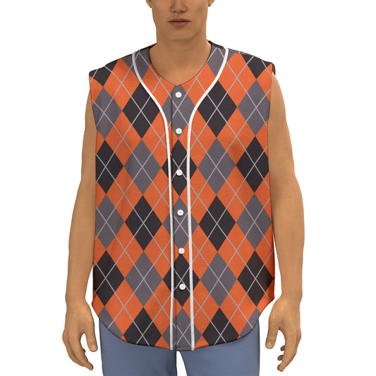 Orange And Grey Halloween Argyle Print Sleeveless Baseball Jersey