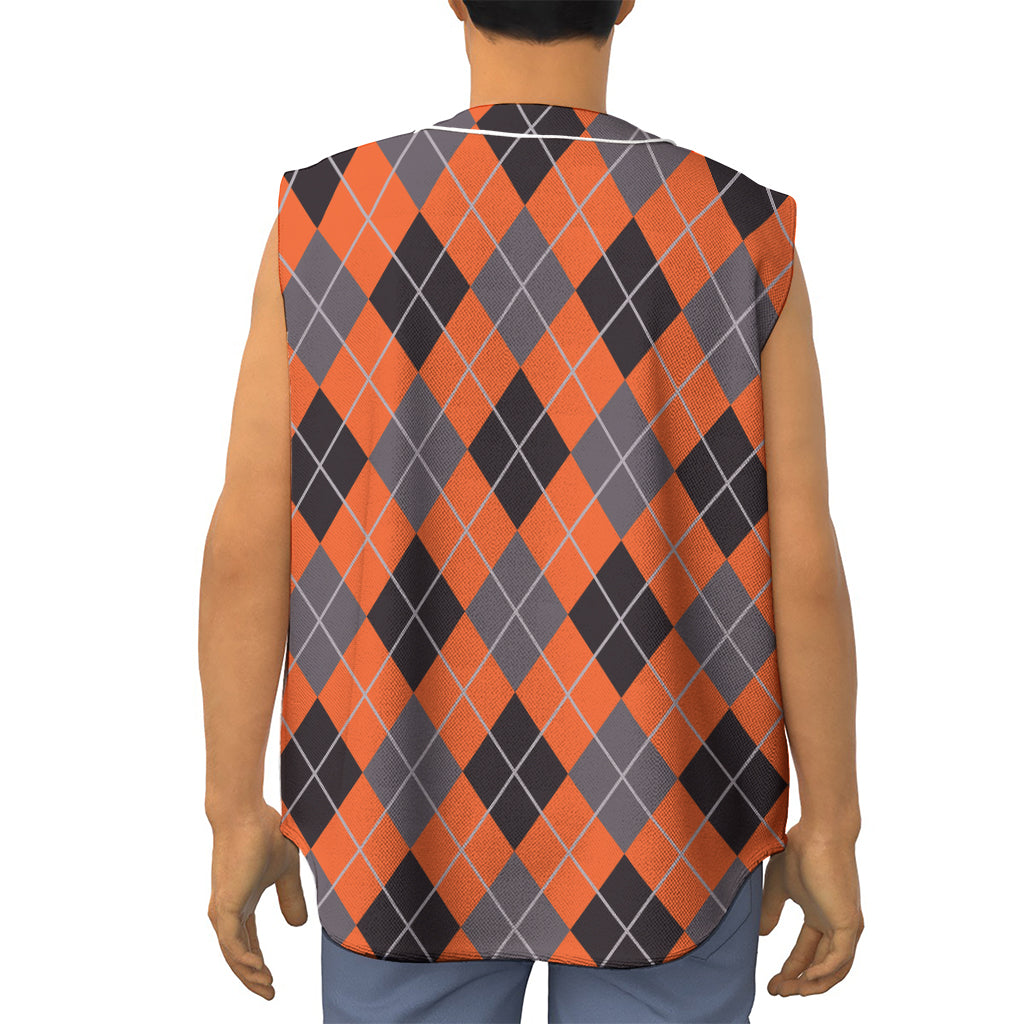 Orange And Grey Halloween Argyle Print Sleeveless Baseball Jersey