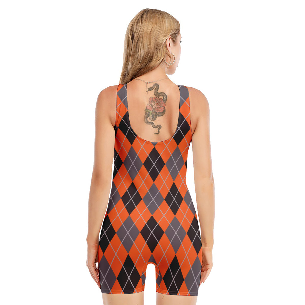 Orange And Grey Halloween Argyle Print Sleeveless One Piece Swimsuit