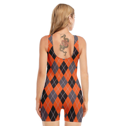 Orange And Grey Halloween Argyle Print Sleeveless One Piece Swimsuit
