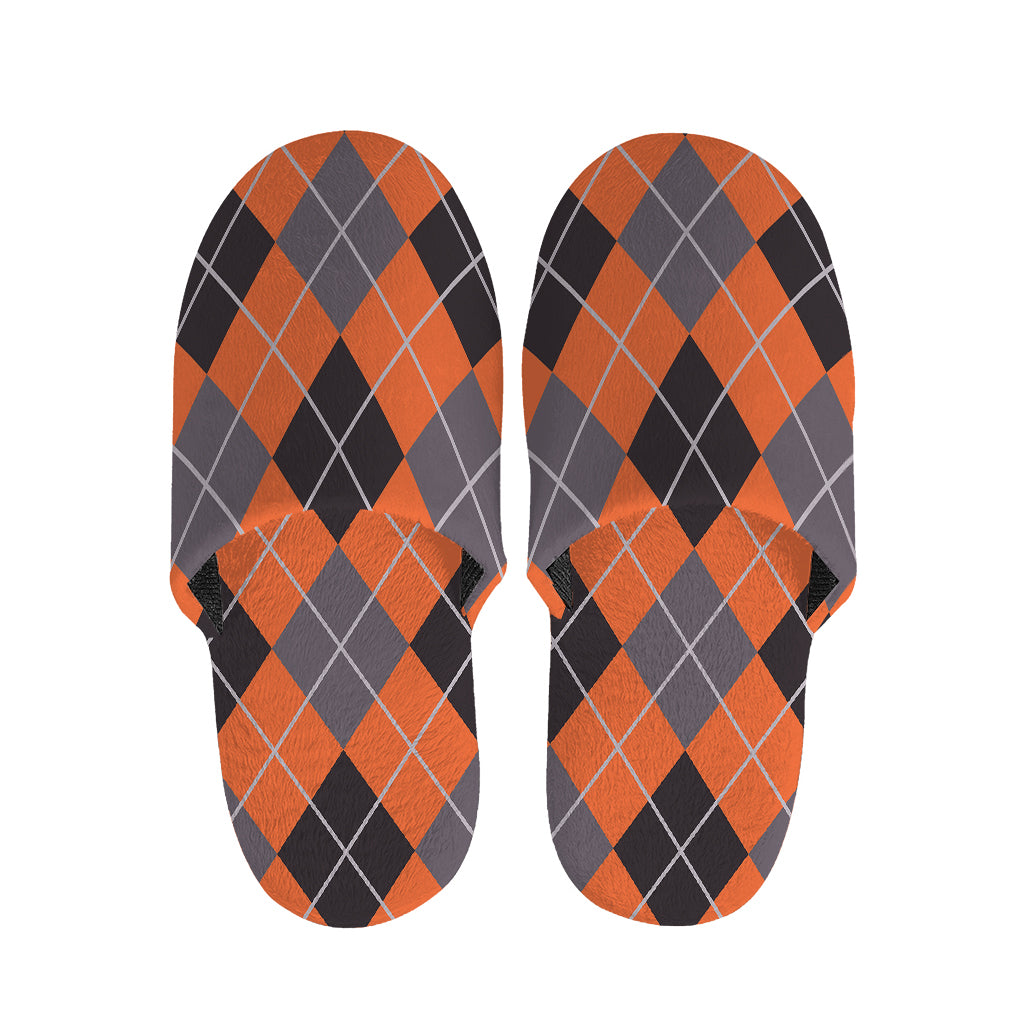 Orange And Grey Halloween Argyle Print Slippers