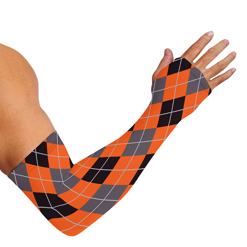 Orange And Grey Halloween Argyle Print Sun Protection Arm Sleeves
