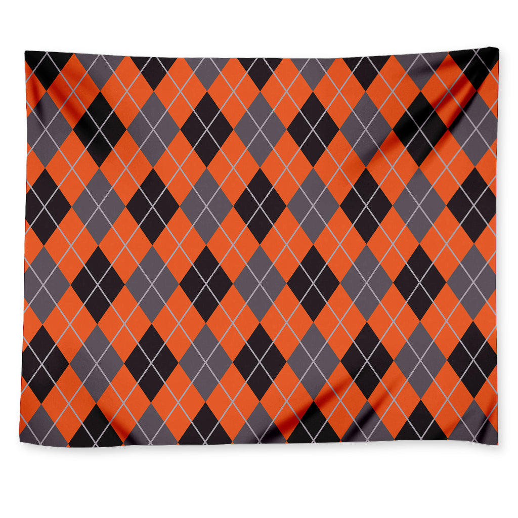 Orange And Grey Halloween Argyle Print Tapestry